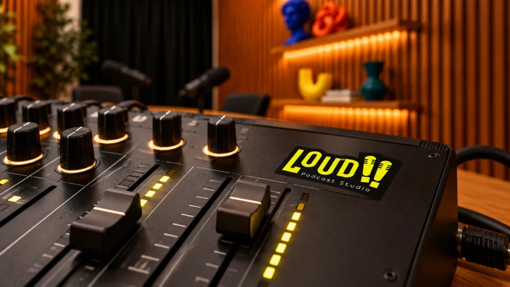 מיקסר אודיו ממותג LOUD באולפן הפודקאסט